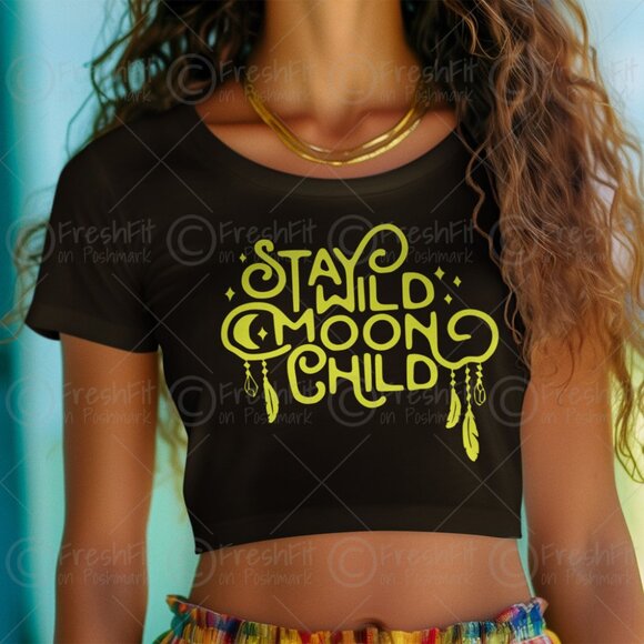 🆕Stay Wild Moon Child Shirt Black Fitted Crop Top Tee - Picture 1 of 3